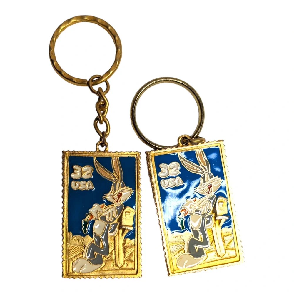 Lot of 3 90s Bugs Bunny USA Gold Tone Metal Enamel Stamp Keychains &‎ Brooch Pin